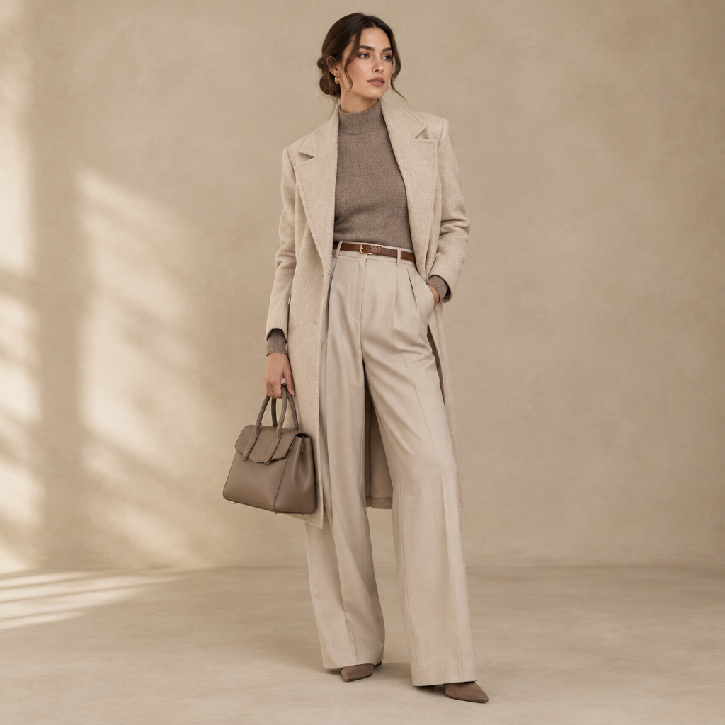 Elegantly dressed woman in beige and taupe fashion